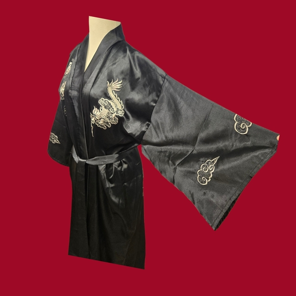 Vintage Embroidered Thai Dragon Kimono Robe Satin Full Length Unisex - Picture 3 of 12